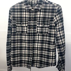 APC wool button up flannel black and white plaid